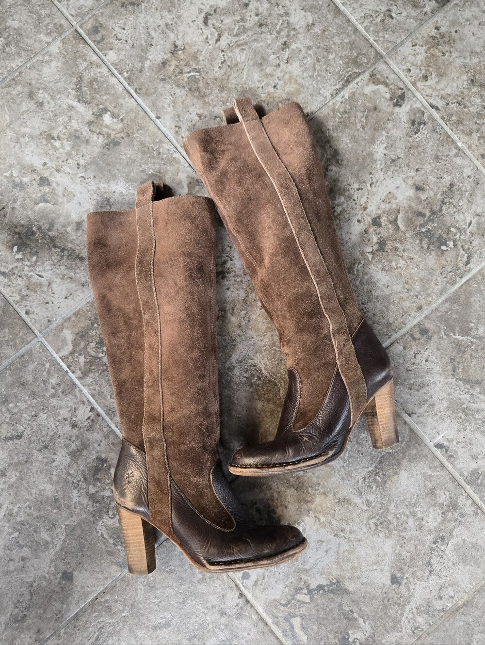 Frye Villager Pull On Tall Boots Leather Suede Heels Brown Size 6 - Picture 2 of 15